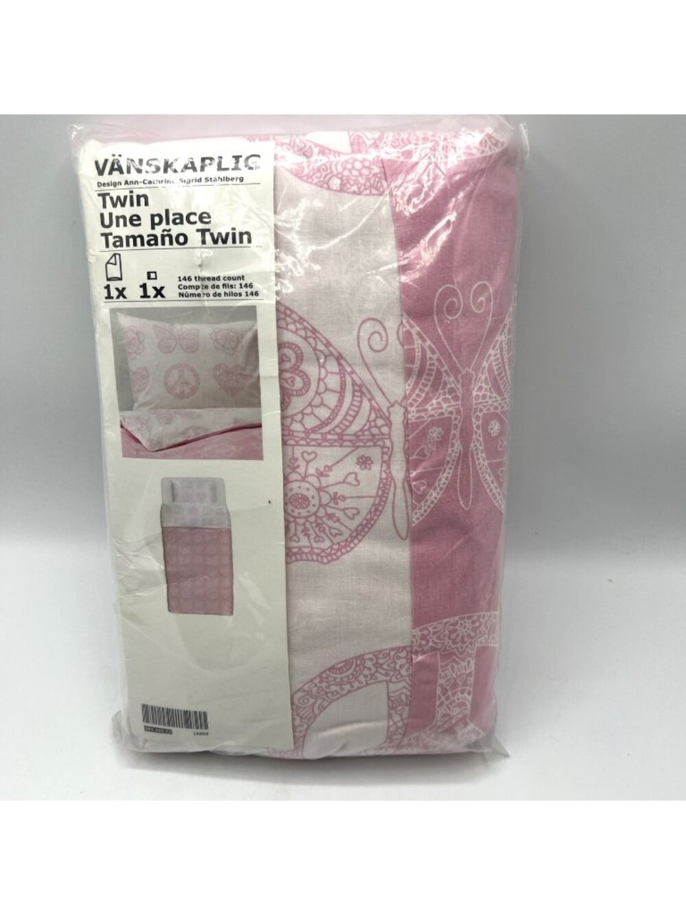 IKEA Vanskaplig Twin Duvet Cover Pillow Case Pink White Peace Butterflies
